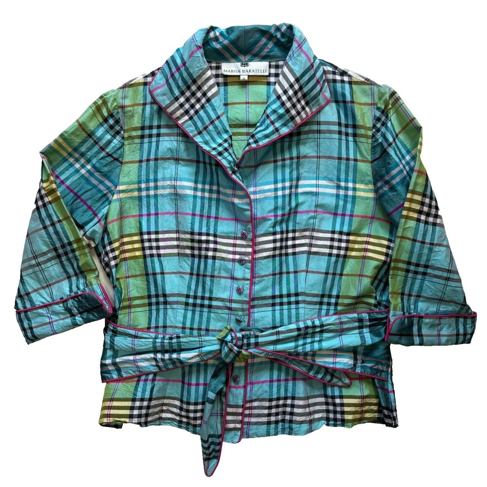 Marisa Baratelli 100% Thai Silk Tie Bow Waist Jacket Top Blouse Size 12 Plaid